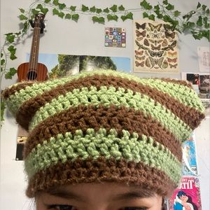 Green Brown Crochet Cat Beanie